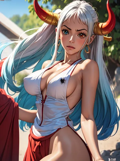 (masterpiece, Highest quality), One girl, Yamato(ONE PIECE), One girl, alone, Long Hair, White Hair, Light blue hair tips, hair ornaments, horn, No sleeve, Bare shoulders, Red Hakama, Side Ponytail,No sleeve着物, Heterochromia iridis, underboob, erect nipple...