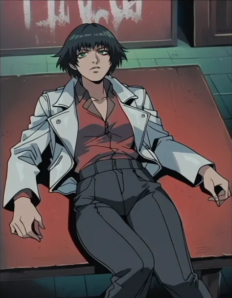 (best quality:1.2), lady (from devil may cry 5:1.1), perfect face, white jacket, black pants, green eyes, lying on the table, in...