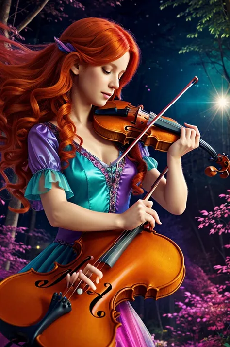 Magic fairy of various colors,with long orange wavy hair, playing the violin in an enchanted forest of neon colors,digital art