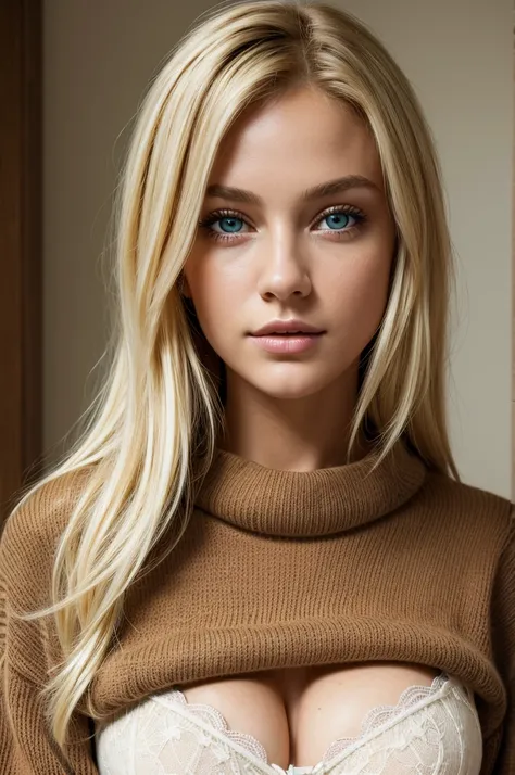 ((Best quality)), ((masterpiece)), (detailed),1 girl, brown sweater, white bra under sweater, photo from top to bottom, blonde hair, green eyes
