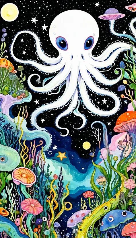 microorganism、Tentacle plants、Marine life、Eye、Starry Sky，Stitched into an abstract painting，Describing the inner world of autistic people，Sense of space，White Space，Childish lines，Psychedelic Art
