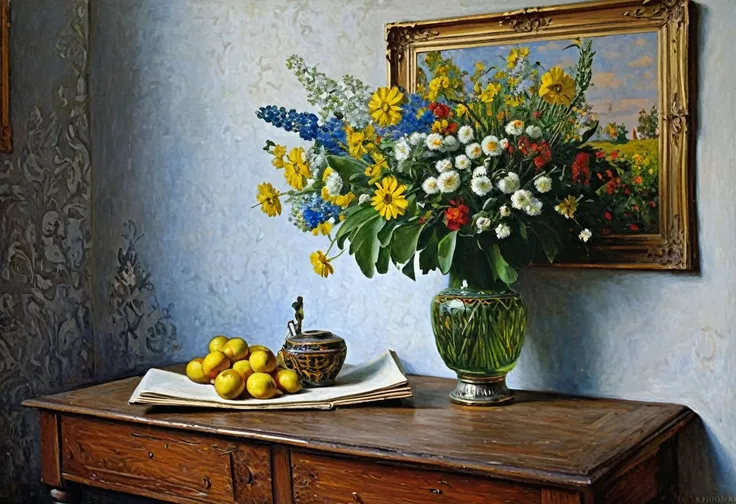 painting of a painting of a bunch of wood and a vase of flowers, by Konstantin Westchilov, by Stanislav Zhukovsky, by Vassily Maximov, by Igor Grabar, by Konstantin Savitsky, by Fyodor Slavyansky, by Abram Arkhipov, by Aleksandr Ivanovich Laktionov