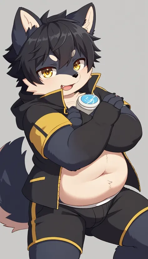 a shota wolf have chubby body with black fur no hair and dark yellow colour eyes, wear a student uniform with blue fur coat