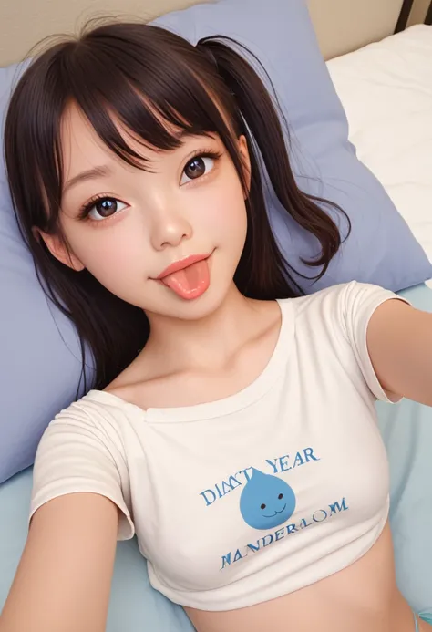 ollarbone,pastel colors t-shirt,off-shoulder look,bare shoulder,midriff peek,string panties,open mouth,(tongue out:2),lying,Selfie,looking ahead,from above,front view,cowboy shot,(1girl,Beautiful 14 year old girl),((Slender,Small breasts,Small face,)),look...