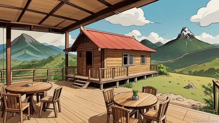 Cartoon style, interior view of a simple Vietnamese wooden hut, the background is a wide view of forest and mountains.