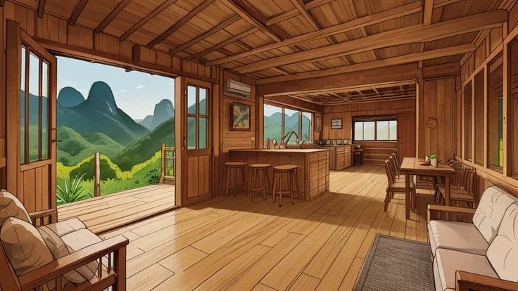 Cartoon style, interior view of a simple Vietnamese wooden hut, the background is a wide view of forest and mountains.