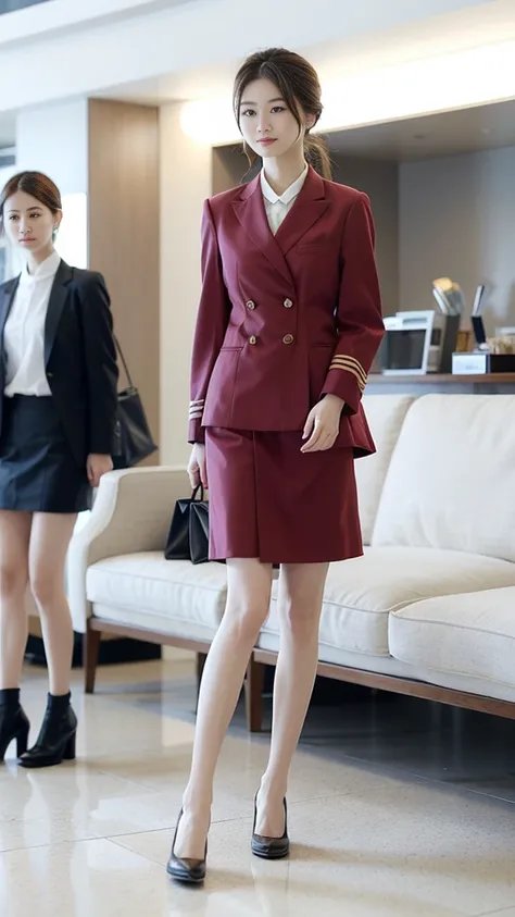 A beautiful Xinjiang girl，20 years old，Airline stewardess，Exquisite facial features，gentle，A faint smile，（Natural eyes：1.5），（Thin lips：1.2），穿着Airline stewardess服装，Hip skirt，High heel，Standing in the shopping mall lobby，Elegant charm，Mature