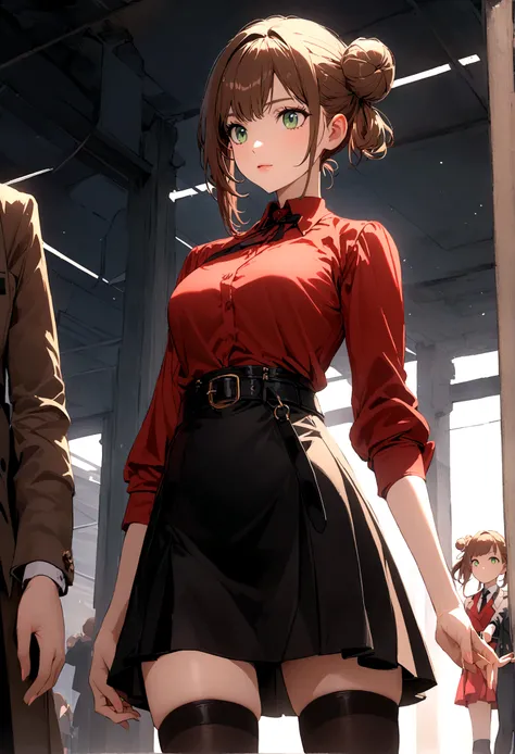 Girl, brown hair, green eyes, small side bun near top of head, skirt, thigh highs, refined eloquent modern day business, red shirt, belt