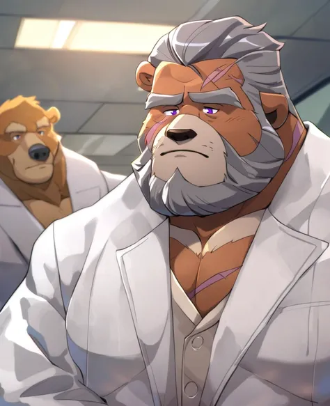 Grizzlies，personification，Mature male，Hercules，Gray hair，Gentle expression，Purple pupils，Gray eyebrows，Scars on the face（1.9），White suit suit，Hands in pockets，The Age of Steam，Hospital Office。