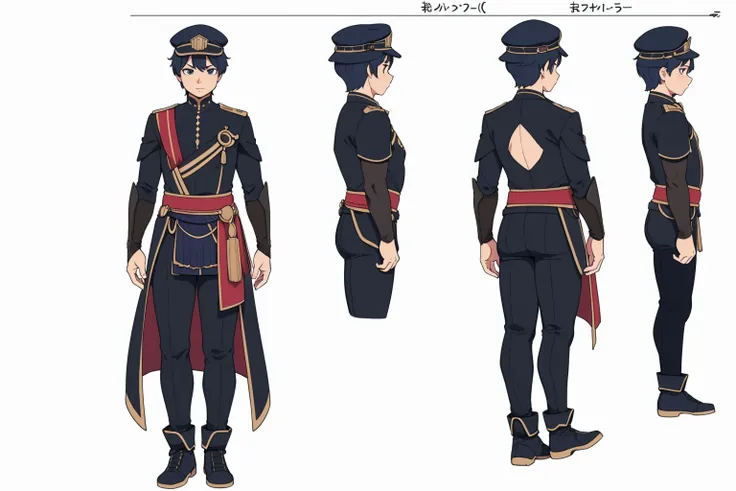 (Wanderer)Thin, fit, 1boy, solo, male focus, looking at viewer, upper body,  hair, realistic, hat, (character design sheet, same character full body, front, side, back), Illustration, environment change, pose (simple background, white background: 1.3) ,--6