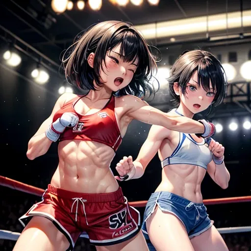 Two injured Japanese female high school mixed martial artists fighting in the ring。Short black hair。Glaring at someone。They are fighting by dynamic punch and kick each other violently. Drooling from the mouth。One eye closed。Serious expression。A fighting ex...