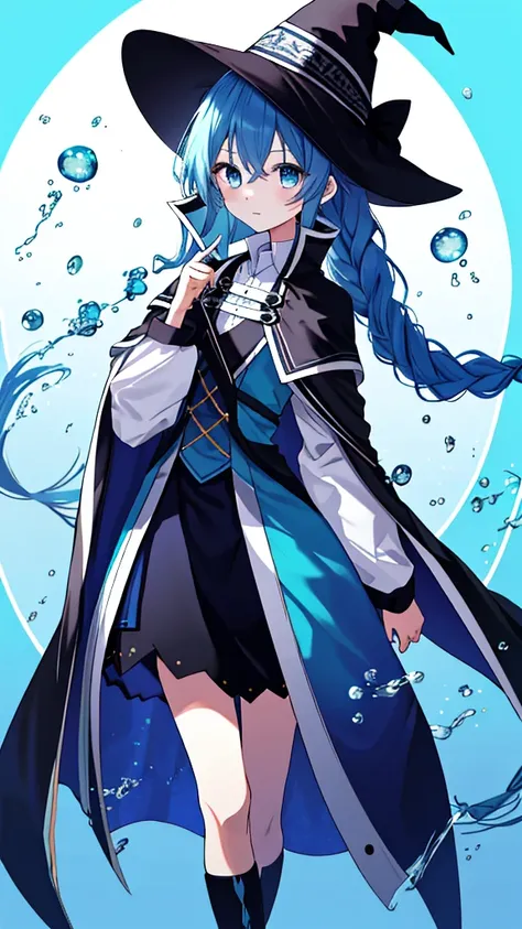 Roxy Migurdia, One girl, bangs, Black tiara, Blue background, blue eyes, Blue Hair, Braiding, 茶色のCape, Cape, close, Floating Hair, Hair between the eyes, Have, Long Hair, Displaying the viewer, Portraiture, alone, Water droplets fall, Witch Hat, ((masterpi...