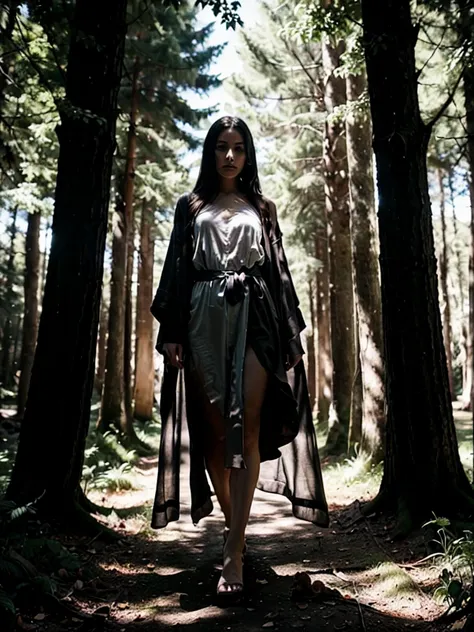 
Create an image featuring a ghostly or ethereal figure, shrouded in a flowing robe, standing amidst tall, dark trees. The scene should be captured in black and white, with a strong contrast between light and shadow to enhance the mysterious and haunting a...