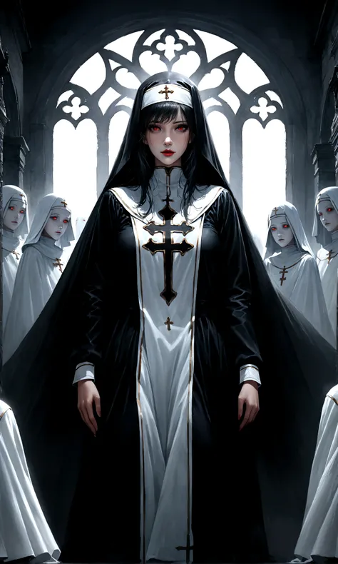 (high quality, Realistic, ultra detailed),blood nun,dark and gloomy atmosphere,old church with biblical windows,beautiful woman with piercing red eyes,1woman surrounded by ethereal spirits,eternal and deep darkness,penitent ghosts,group of humanoid spirits