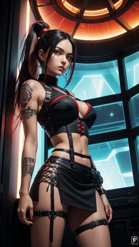 Pitite tan woman,  long raven black hair with vibrant red highlights tied up into a ponytail, tribal tattoos, tight corset top and mini skirt, lazer pistols strapped to both thighs just below the hem of her mini skirt, on a space ship, standing in front of...