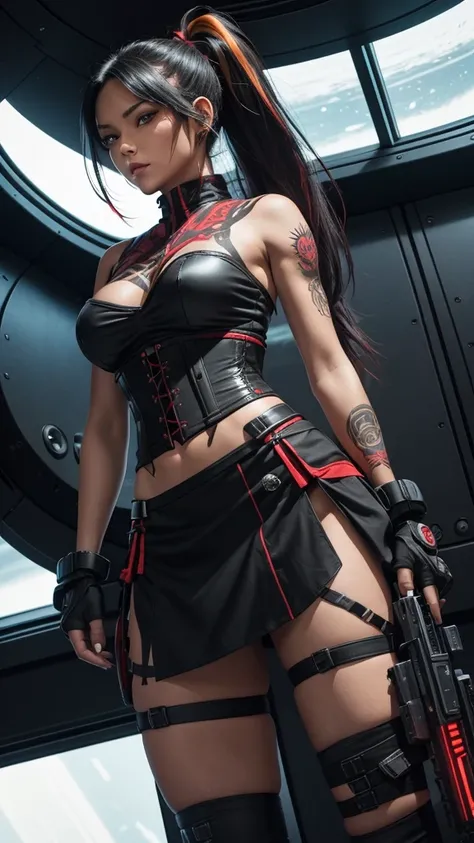 Pitite tan woman,  long raven black hair with vibrant red highlights tied up into a ponytail, tribal tattoos, tight corset top and mini skirt, lazer pistols strapped to both thighs just below the hem of her mini skirt, on a space ship, standing in front of...