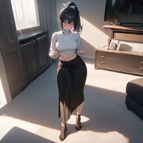 (masterpiece),(best quality),(ultra detailed), 
highly detailed, intricate details, High quality shadow, Cinematic Light, MILF, 
sole girl, full body, standing, black ponytail, hair ribbon, black and white crop-top, turtleneck,
Sigh, chestnut mouth,
In a l...