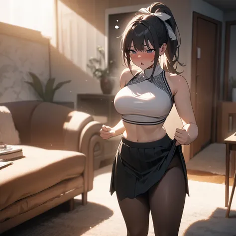 (masterpiece),(best quality),(ultra detailed), 
highly detailed, intricate details, High quality shadow, Cinematic Light, MILF, 
sole girl, full body, standing, black ponytail, hair ribbon, black and white crop-top, turtleneck,
Sigh, chestnut mouth,
In a l...