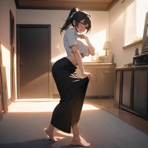 (masterpiece),(best quality),(ultra detailed), 
highly detailed, intricate details, High quality shadow, Cinematic Light, MILF, 
sole girl, full body, standing, black ponytail, hair ribbon, black and white crop-top, turtleneck,
Sigh, chestnut mouth,
In a l...