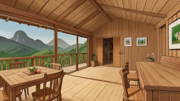 Cartoon style, interior view of a simple Vietnamese wooden small hut, the background is a wide view of forest and mountains.