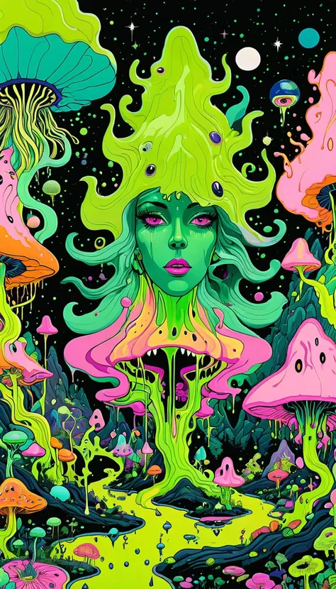 psychedelic abstract art, astonishing, melt, neon green and pink, pop art paintings inspired by michael deforge, mumford, tumblr...