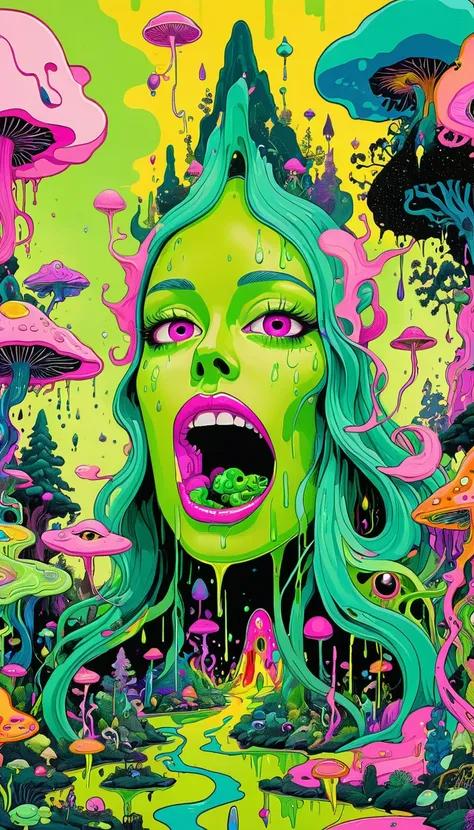 psychedelic abstract art, astonishing, melt, neon green and pink, pop art paintings inspired by michael deforge, mumford, tumblr...