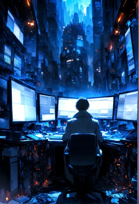 "An angel day trader sitting in front of several computers trading in the financial market on the mt5 platform, high quality image. Add the text to the image "Eder Santo Professional trader investments the terror in the financial market"