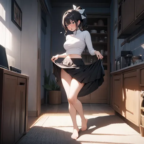 (masterpiece),(best quality),(ultra detailed), 
highly detailed, intricate details, High quality shadow, Cinematic Light, MILF, 
sole girl, full body, standing, black ponytail, hair ribbon, black and white crop-top, turtleneck,
Sigh, chestnut mouth,
In a l...