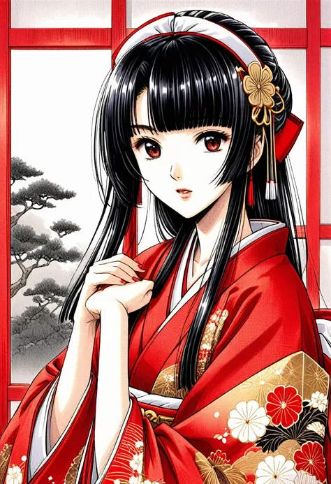 a beautiful japanese princess from the sengoku period wearing an embroidered red robe over a white japanese shrine maiden outfit...