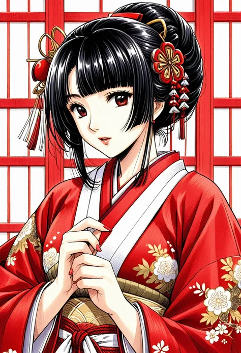 a beautiful japanese princess from the sengoku period wearing an embroidered red robe over a white japanese shrine maiden outfit...