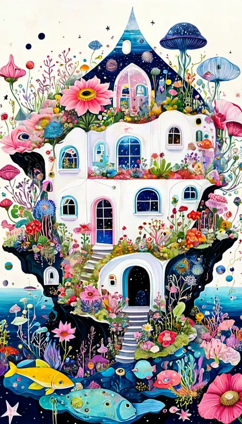 pink flower house，microorganism、plant、marine life、eye、starry sky，stitching together an abstract painting，describing the inner wo...