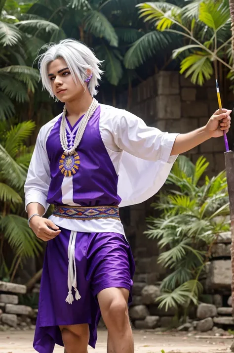 Generates a screenshot of a boy in mha style with clothes and paint with traditional ancient MAYA clothes to dance an ancient festival with white hair and purple eyes