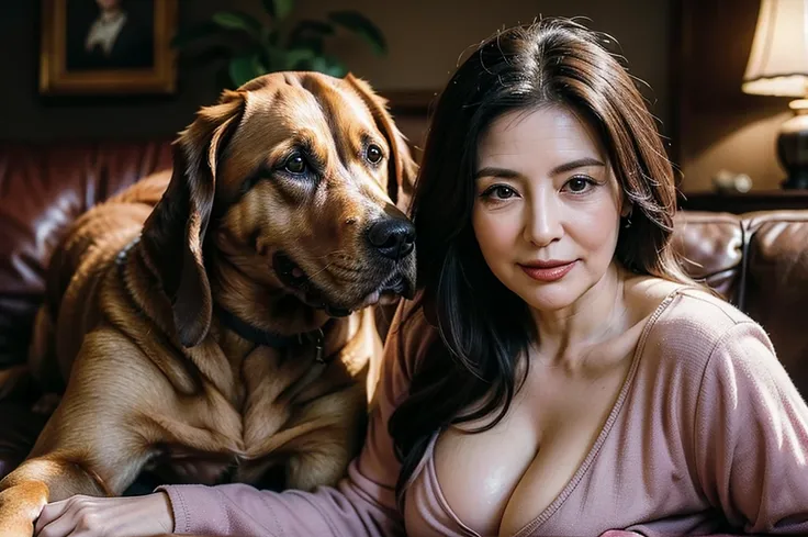 (masterpiece:1.4),((1 woman and 1 dog : 1.5)), (((portrait of mature woman and her big dog : 1.4))), (65-year-old woman:1.5), (Facial wrinkles : 1.2), Nasolabial folds, (looking at viewer : 1), (smirking : 1.3), pores, dull skin, skin blemishes, (long beau...