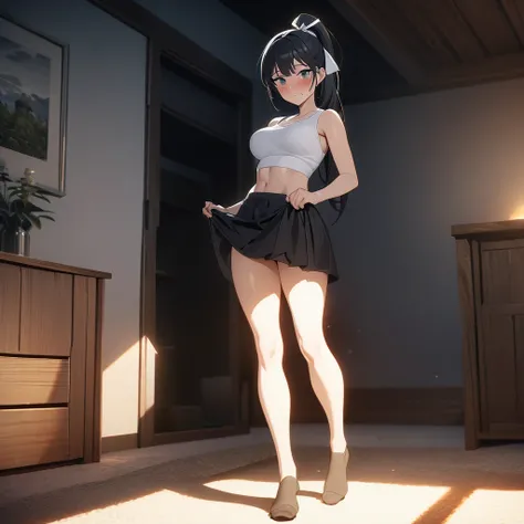 (masterpiece),(best quality),(ultra detailed), 
highly detailed, intricate details, High quality shadow, Cinematic Light, MILF, 
sole girl, full body, standing, black ponytail, hair ribbon, black and white crop-top, short skirt,
In a living room, shy, emba...