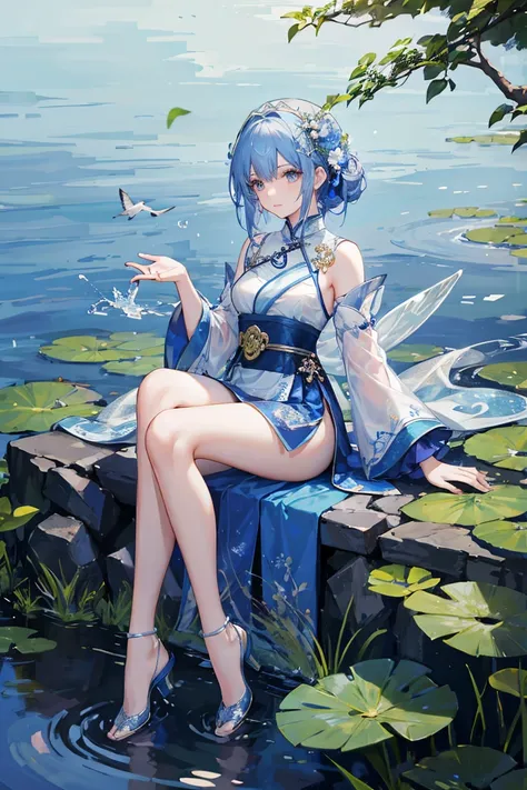 There is a blue skirt, 16 Long Legs, A woman sitting on a rock in the water, Standing gracefully on the lotus, Ethereal Beauty, Wearing blue cheongsam, court, Girl wearing Hanfu, Wearing blue cheongsam, Full of fairy atmosphere, In the pond, White Hanfu, A...