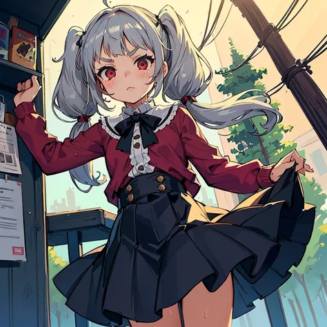 Young girl with grey hair, ((fringed and curly hair)),((curly short twintail)), curly hair ,(red eyes),, ((small bushy eyebrows)), wearing gothic lolita clothing, lolicon , walking to school, bored look, bored face, , lifting her skirt to show her vagina w...