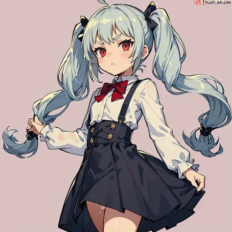 Young girl with grey hair, ((fringed and curly hair)),((curly short twintail)), curly hair ,(red eyes),, ((small bushy eyebrows)), wearing gothic lolita clothing, lolicon , walking to school, bored look, bored face, , lifting her skirt to show her vagina w...