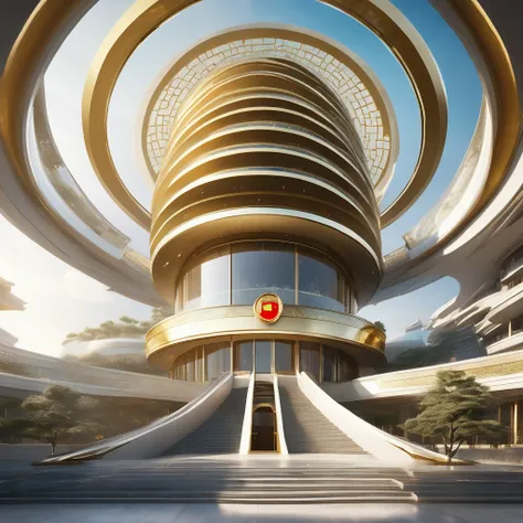 a building, futuristic circular conical design with 5 floors crescent like a staircase, pure glass, gold, and diamond, at the to...