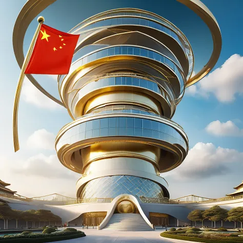 a building, futuristic circular conical design with 5 floors crescent like a staircase, pure glass, gold, and diamond, at the to...