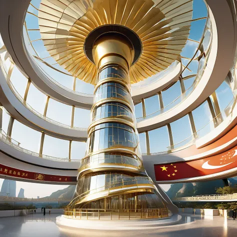 a building, futuristic circular conical design with 5 floors crescent like a staircase, pure glass, gold, and diamond, at the to...