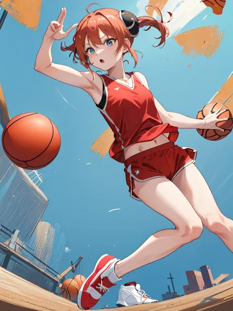 masterpiece, best quality, highres, kgr1, double bun, bun cover, small breasts, basketball player, sportswear, red tank top, red...