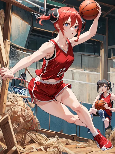 masterpiece, best quality, highres, kgr1, double bun, bun cover, small breasts, basketball player, sportswear, red tank top, red...