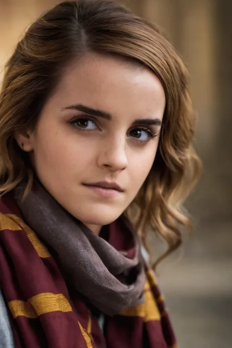 emma watson face partially obscured by a gryffindor scarf, highlighting her striking eyes. the focus is sharp on her eyes with a...