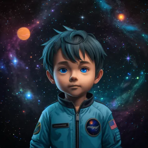 3d chibi anime style, full body man, young, light skinned, with light blue eyes and long hair, wearing an astronaut suit with ne...