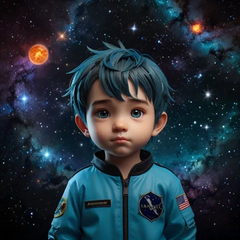 3D chibi anime style, Full body man, YOUNG, light skinned, with light blue eyes and long hair, wearing an astronaut suit with neon colors. He has an angel halo with unusual shapes above his head and is floating in space. In the background there are bright ...