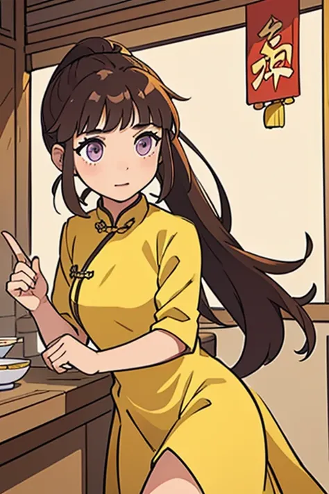 ( Best Quality, ancient china, a girl pointing straight ahead, long yellow chinese dress), long hair tied in a ponytail, Brown hair, tender lilac eyes, short sleeves
