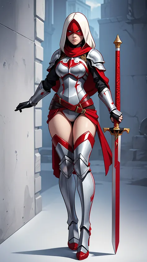 ((full body photo))) 1 an albino knight girl with long hair wearing heavy armor with a red hood carrying long swords