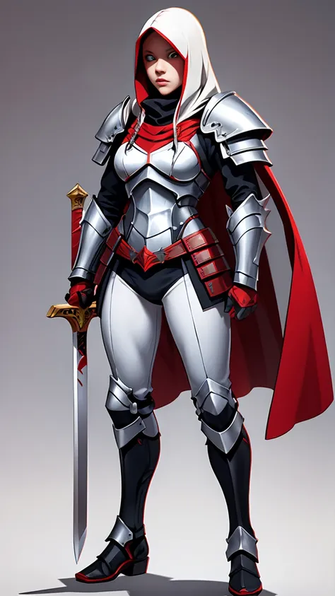 ((full body photo))) 1 An albino knight girl with long hair wearing heavy armor with a red hood carrying long swords
