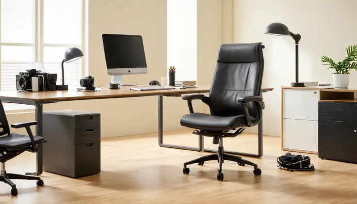 "take a professional photo of a high-end ergonomic office chair placed next to a modern office desk. ensure the chair's design a...