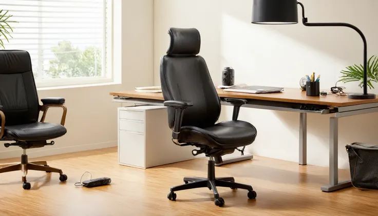 "take a professional photo of a high-end ergonomic office chair placed next to a modern office desk. ensure the chair's design a...